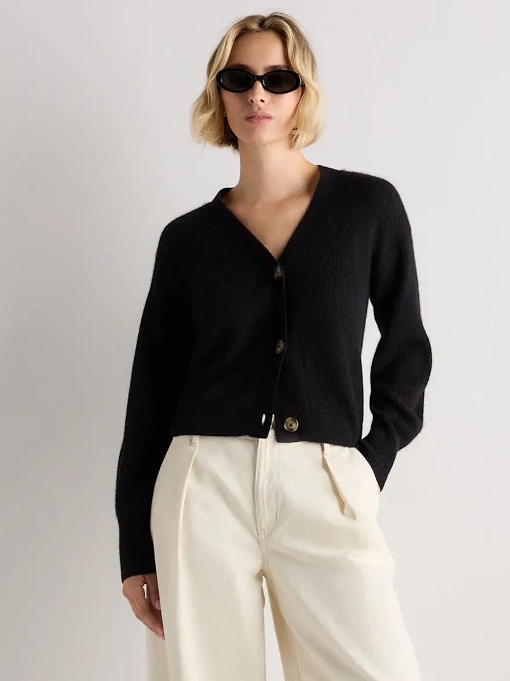 Quince Lightweight Baby Alpaca Merino Wool Blend V-Neck Cropped Cardigan Black
